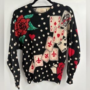 Cache Y2K Beaded Vintage Lambswool Ace Cards Christmas Cowl Sweater Size Small